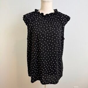 Adrianna Papell Polka Dot Top Large Ruffle Neck Cap Sleeve Preppy Retro Office